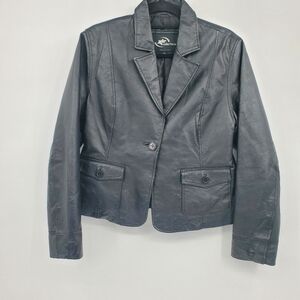 ♡ KC Collections Womens Black Leather Single Button Blazer Size Large